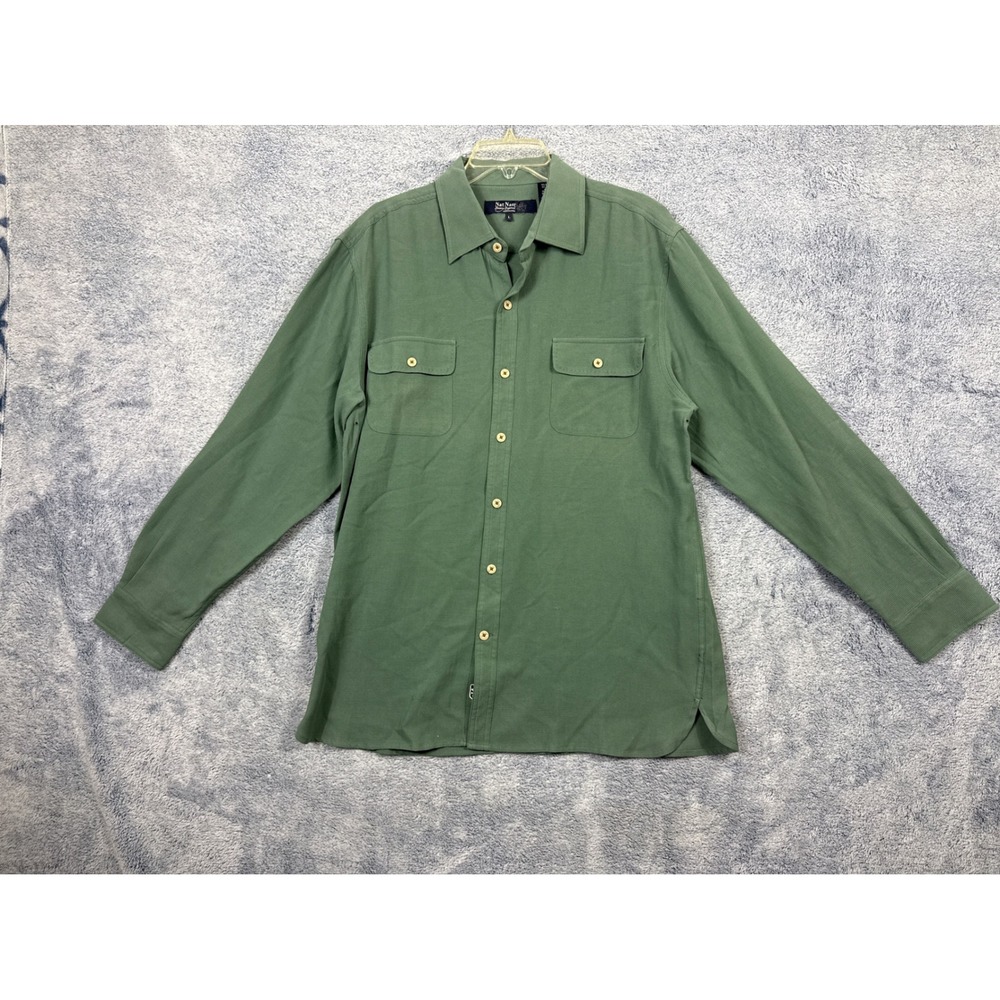 Nat Nast Mens L Green Silk Cotton Long Sleeve Button Up Shirt Waffle Texture
